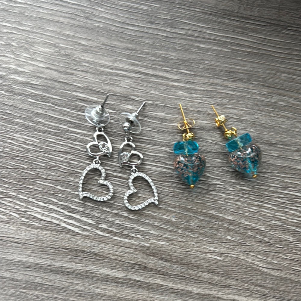 Silver and Gold Heart and Bead Earrings Set